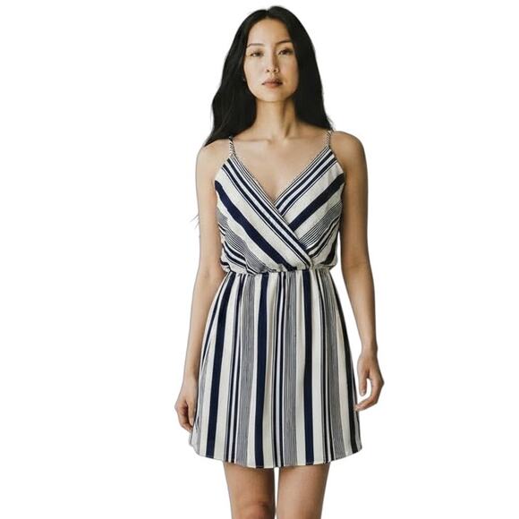 Monteau Womens Blouson Dress L Blue White Stripe Mini Sleeveless Spaghetti Strap - Picture 1 of 8